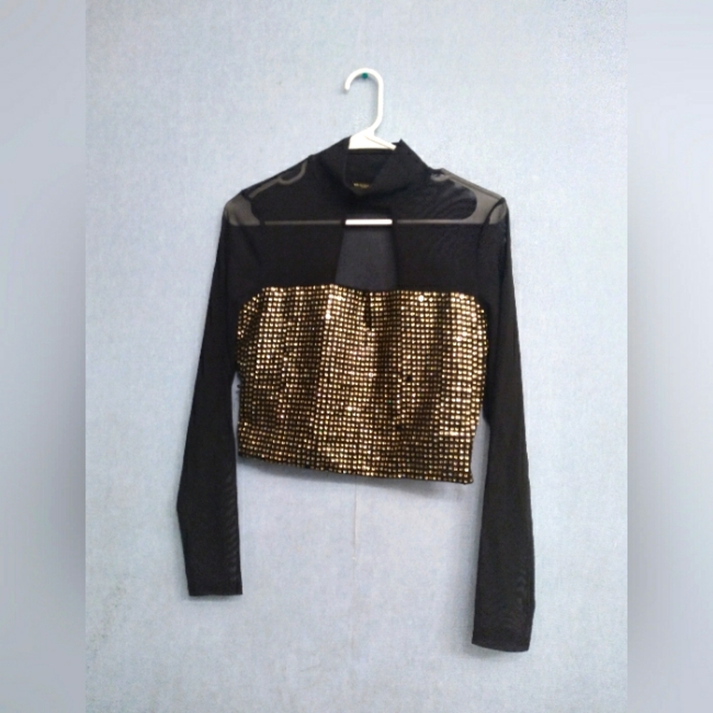 Mesh Long Sleeve Crop Top Sequin Party Clubwear Festival - Size Unknown